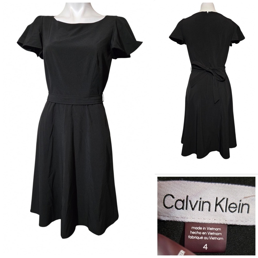 Calvin Klein dress 4 Black Flutter Sleeve Tie-waist career fall church business